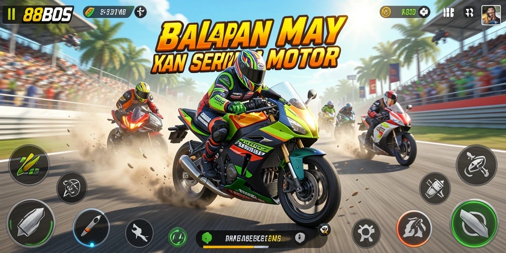 Screenshot gameplay 88BOS menampilkan aksi balap motor yang intens.