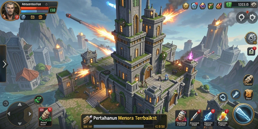 Screenshot utama <strong>E88</strong> menampilkan aksi menara bertahan menyerang gelombang musuh.