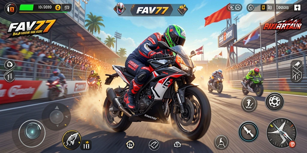 Screenshot gameplay FAV77 yang menampilkan balapan motor yang seru.