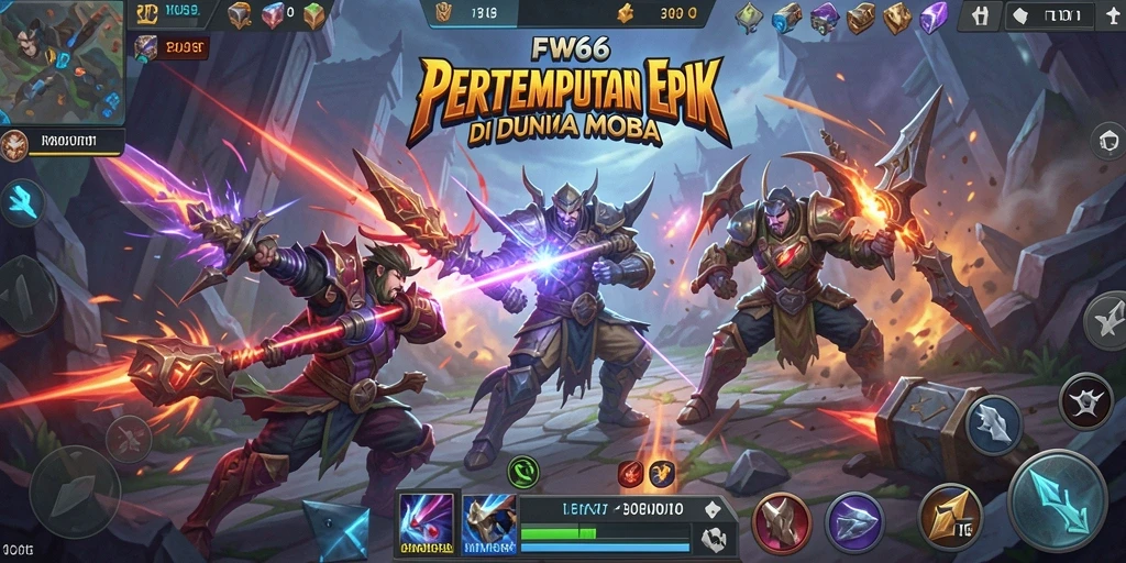Screenshot utama FW66 menampilkan aksi intens dalam pertempuran MOBA.