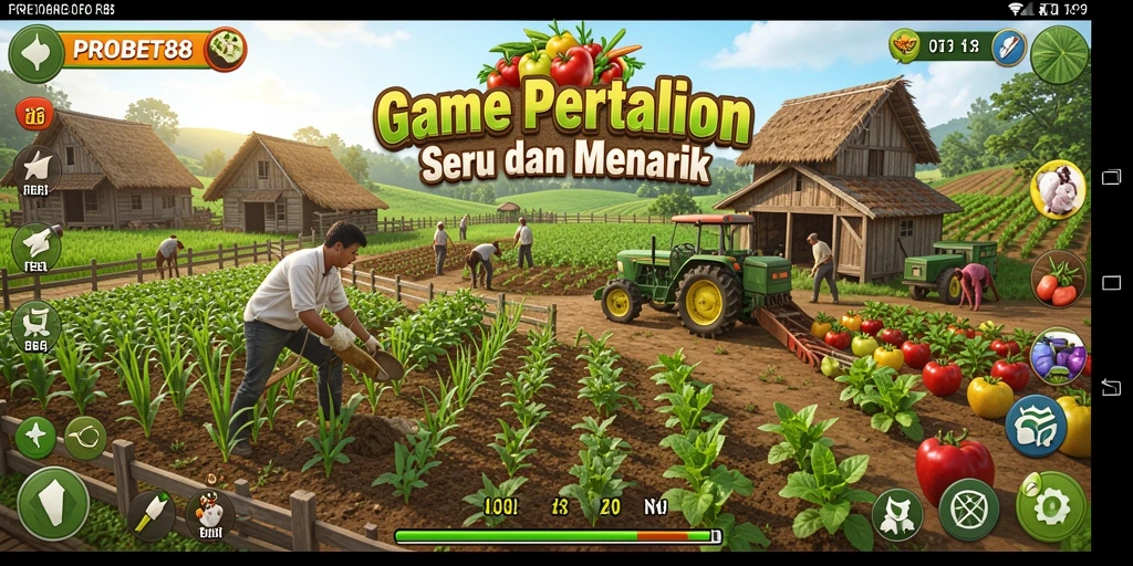 Screenshot permainan PROBET88 menampilkan ladang yang subur dan beragam tanaman.